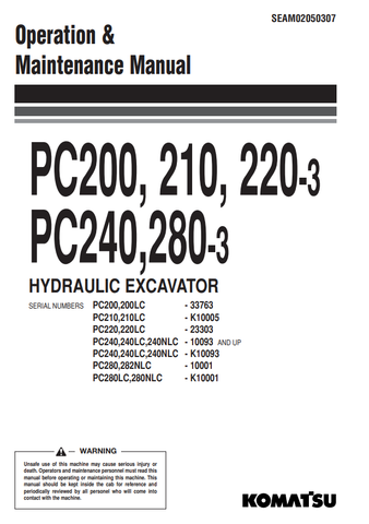Komatsu PC220-3 Excavator Operation & Maintenance Manual S/N 20001-UP PDF Download