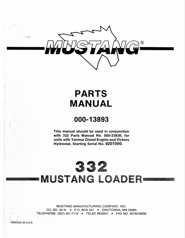 MUSTANG 332 LOADER (000-13893) PARTS MANUAL - PDF FILE