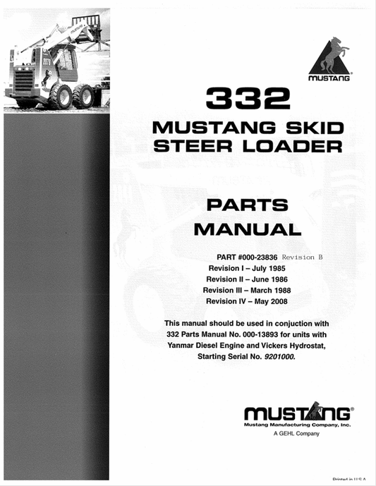MUSTANG 332 SKID STEER LOADER (000-23836) PARTS MANUAL - PDF FILE