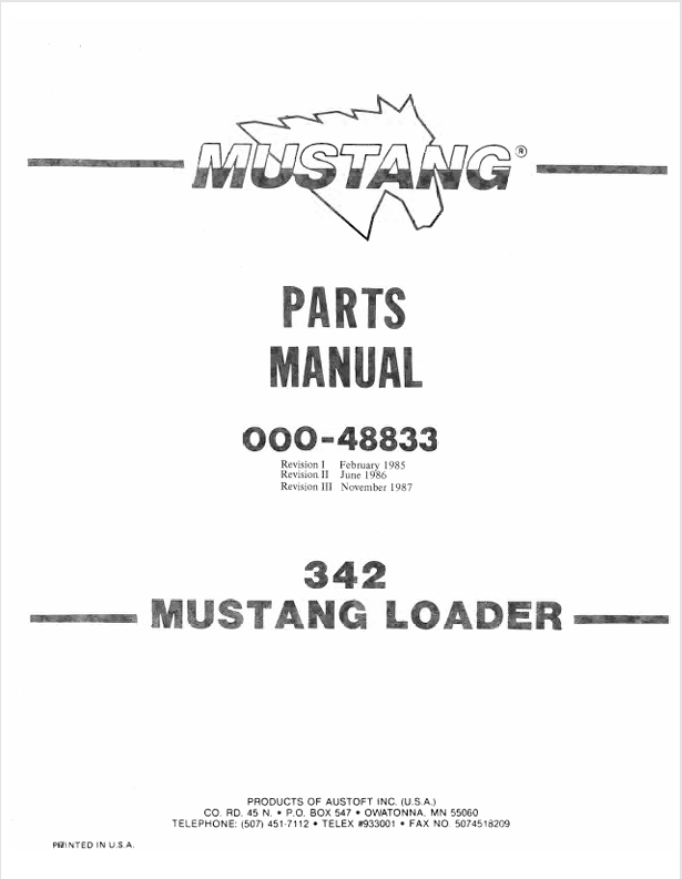 MUSTANG 342 SKID STEER LOADER (000-48833) PARTS MANUAL - PDF FILE