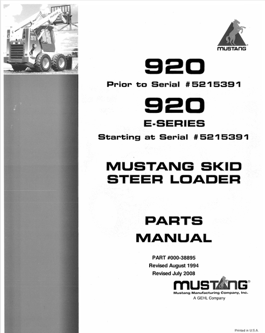 MUSTANG 920 SKID STEER LOADER (000-38895) PARTS MANUAL - PDF FILE