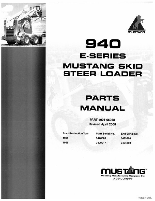 MUSTANG 940 SKID STEER LOADER (001-06958) PARTS MANUAL - PDF FILE