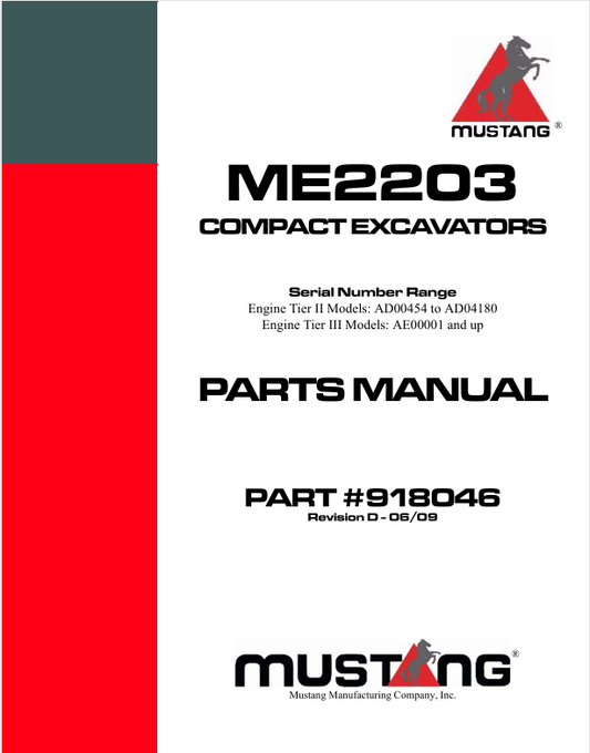 MUSTANG ME2203 COMPACT EXCAVAT0RS (918046) PARTS MANUAL - PDF FILE