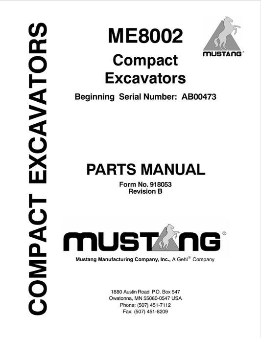 MUSTANG ME8002 COMPACT EXCAVAT0RS (918053) PARTS MANUAL - PDF FILE