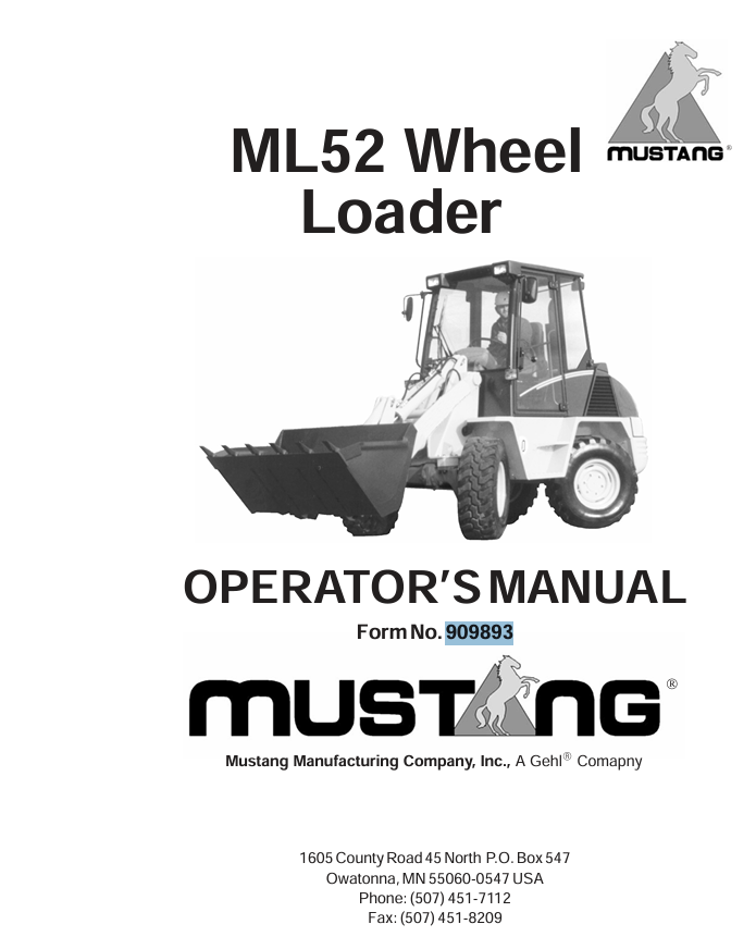 MUSTANG ML52 WHEEL LOADER (909893) OPERATOR'S MANUAL - PDF FILE