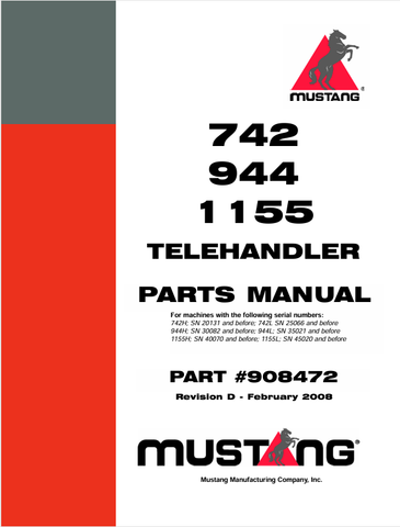 MUSTANG TELEHANDLER 742, 944, 1155 (908472) PARTS MANUAL - PDF FILE