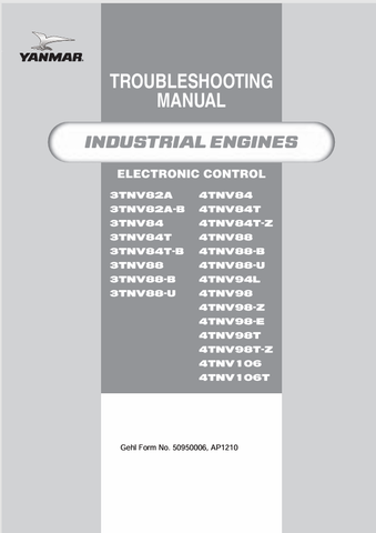MUSTANG YANMAR 3TNV82A, 3TNV82A-B, 3TNV84, 4TNV84, 4TNV84T, 4TNV84T-Z, 3TNV84T, 3TNV84T-B, 3TNV88, 3TNV88-B, 3TNV88-U, 4TNV88, 4TNV88-B, 4TNV88-U, 4TNV94L, 4TNV98,  4TNV98-Z, 4TNV98-E, 4TNV98T (5095000) TROUBLESHOOTING MANUAL - PDF FILE
