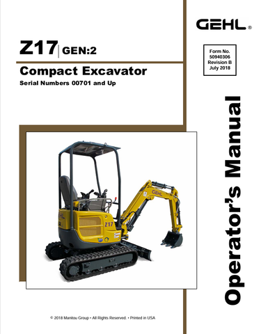 MUSTANG Z17 COMPACT EXCAVATOR (50940306B) OPERATOR'S MANUAL - PDF FILE