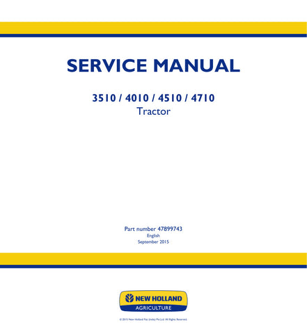 Unlock the full potential of your New Holland tractor with the comprehensive Service Manual for models 3510, 4010, 4510, and 4710 (Part No. 47899743). This PDF file is an essential resource for both seasoned mechanics and DIY enthusiasts, providing detailed instructions, diagrams, and troubleshooting tips to keep your tractor running smoothly. With easy navigation and clear illustrations, you can quickly find the information you need to perform maintenance and repairs efficiently. Invest in this invaluable 