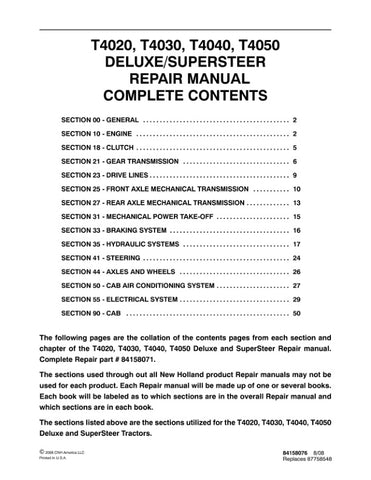 Unlock the full potential of your New Holland T4020, T4030, T4040, and T4050 tractors with the comprehensive Repair Manual (84158076) in PDF format. This essential guide provides detailed instructions, diagrams, and troubleshooting tips to ensure your machinery operates at peak performance. Whether you're a seasoned mechanic or a DIY enthusiast, this manual is designed to simplify repairs and maintenance, saving you time and money. Invest in your equipment's longevity and efficiency today!