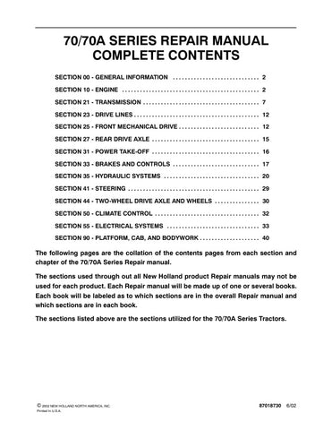 Unlock the full potential of your New Holland 70 / 70A Series Tractor with the comprehensive Repair Manual (Part No. 87018730) available in a convenient PDF format. This essential guide provides detailed instructions, diagrams, and troubleshooting tips to help you maintain and repair your tractor efficiently. Whether you're a seasoned mechanic or a DIY enthusiast, this manual ensures you have the knowledge and resources to keep your equipment running smoothly, saving you time and money on repairs. Don't mis