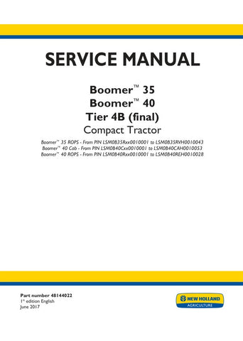 Unlock the full potential of your New Holland Boomer 35 and 40 Tier 4B (Final) tractors with the comprehensive Service Manual (Part Number: 48144022) in PDF format. This essential guide provides detailed maintenance procedures, troubleshooting tips, and specifications to ensure your equipment operates at peak performance. With easy navigation and clear illustrations, this manual is an invaluable resource for both seasoned professionals and DIY enthusiasts, helping you save time and money on repairs. Don't m