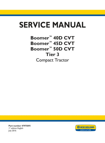 Unlock the full potential of your New Holland Boomer 40D, 45D, and 50D with the comprehensive CVT Tier 3 Service Manual (47975091) in PDF format. This essential guide provides detailed maintenance procedures, troubleshooting tips, and specifications to ensure your equipment runs smoothly and efficiently. With easy navigation and clear illustrations, you'll have the knowledge at your fingertips to keep your tractor in peak condition, maximizing productivity and minimizing downtime. Invest in this invaluable 