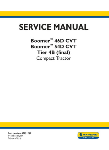 Unlock the full potential of your New Holland Boomer 46D and 54D with the comprehensive Service Manual (Part Number: 47851943). This PDF file is your go-to resource for detailed maintenance and repair guidance, ensuring your equipment runs smoothly and efficiently. With clear diagrams and step-by-step instructions, you can tackle any service task with confidence, prolonging the life of your tractor and maximizing productivity. Don't miss out on this essential tool for every New Holland owner download your c
