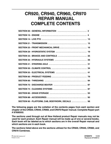 Enhance your maintenance capabilities with the NEW HOLLAND CR920, CR940, CR960, CR970 COMBINE REPAIR MANUAL (87600552) in PDF format. This comprehensive guide provides detailed instructions, diagrams, and troubleshooting tips specifically designed for these combine models, ensuring you can efficiently address repairs and maintenance tasks. With easy navigation and instant access, this manual empowers you to keep your equipment running smoothly, minimizing downtime and maximizing productivity. Invest in your