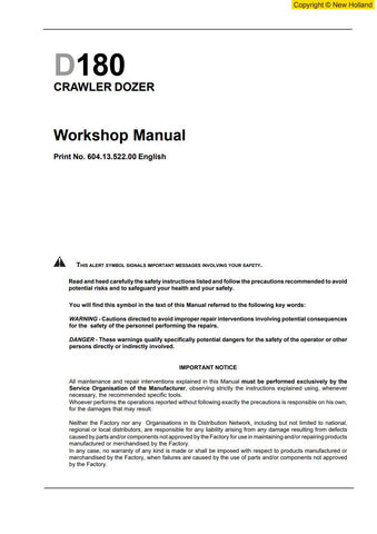 Unlock the full potential of your New Holland D180 Crawler Dozer with the comprehensive Workshop Manual (604.13.522.00) in PDF format. This essential guide provides detailed instructions, schematics, and troubleshooting tips to ensure your machine operates at peak performance. Whether you're a seasoned technician or a DIY enthusiast, this manual is designed to simplify maintenance and repairs, saving you time and money. Invest in your equipment's longevity and efficiency today!