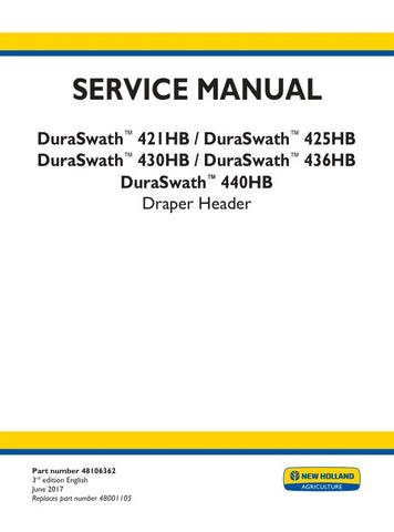Enhance your agricultural efficiency with the NEW HOLLAND DURASWATH 421HB, 425HB, 430HB, 436HB, and 440HB DRAPER HEADER SERVICE MANUAL (PDF FILE). This comprehensive guide provides essential maintenance and troubleshooting information, ensuring your equipment operates at peak performance. With easy-to-follow instructions and detailed diagrams, you can confidently tackle repairs and upkeep, minimizing downtime and maximizing productivity on the field. Invest in this invaluable resource to keep your machinery