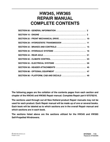 Unlock the full potential of your New Holland HW345 and HW365 with the comprehensive Repair Manual (Part No. 87576216) in PDF format. This essential guide provides detailed instructions, diagrams, and troubleshooting tips to ensure your equipment runs smoothly and efficiently. Whether you're a seasoned technician or a DIY enthusiast, this manual is your go-to resource for maintenance and repairs, helping you save time and money while keeping your machinery in top condition. Don't miss out on the opportunity