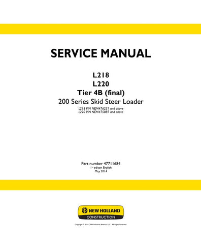 Unlock the full potential of your New Holland L218 and L220 Skid Steer Loaders with the comprehensive Tier 4B Service Manual (Part No. 47711684). This PDF file is an essential resource for maintenance and repair, providing detailed diagrams, troubleshooting tips, and step-by-step instructions to keep your equipment running smoothly. Ensure optimal performance and longevity of your machinery with this user-friendly guide, designed for both seasoned professionals and DIY enthusiasts. Don't miss out on the opp