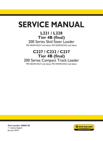 Unlock the full potential of your New Holland equipment with the L221, L228, C227, C232, and C237 Tier 4B (Final) Service Manual (48068128) in PDF format. This comprehensive guide provides essential maintenance and repair information, ensuring your machinery operates at peak performance. With detailed diagrams, troubleshooting tips, and step-by-step instructions, you can confidently tackle any service task, saving time and money. Equip yourself with the knowledge to keep your equipment running smoothly and 