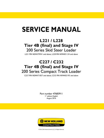 Unlock the full potential of your New Holland equipment with the L221, L228, C227, and C232 Tier 4B (Final) and Stage IV Service Manual (Part Number: 47683911). This comprehensive PDF file is your go-to resource for detailed maintenance and repair procedures, ensuring your machinery operates at peak performance. With easy navigation and clear instructions, you can confidently tackle any service task, prolonging the life of your equipment and minimizing downtime. Invest in this essential manual today and kee