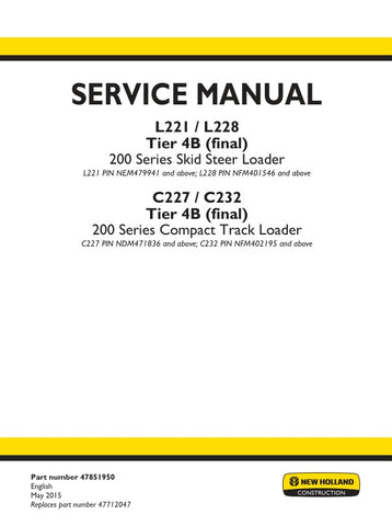 Unlock the full potential of your New Holland equipment with the L221, L228, C227, and C232 Tier 4B (Final) Service Manual (Part No. 47851950) in PDF format. This comprehensive guide provides essential maintenance and repair information, ensuring your machinery operates at peak performance. With detailed diagrams, troubleshooting tips, and step-by-step instructions, you can confidently tackle any service task, prolonging the life of your equipment and minimizing downtime. Invest in this invaluable resource 