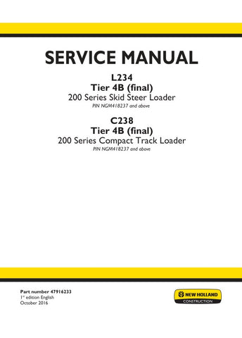 Unlock the full potential of your New Holland L234 and C238 equipment with the comprehensive Tier 4B (Final) Service Manual (Part Number: 47916233) in PDF format. This essential guide provides detailed maintenance procedures, troubleshooting tips, and specifications to ensure your machinery operates at peak performance. With easy navigation and clear illustrations, this manual is designed for both seasoned professionals and DIY enthusiasts, making it an invaluable resource for keeping your equipment in top 