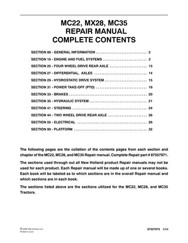 Unlock the full potential of your New Holland MC22, MC28, and MC35 with the comprehensive Repair Manual (Part No. 87557971) in PDF format. This essential guide provides detailed instructions, diagrams, and troubleshooting tips to help you efficiently maintain and repair your machinery. Whether you're a seasoned technician or a DIY enthusiast, this manual ensures you have the knowledge and resources to keep your equipment running smoothly, saving you time and money on repairs. Don't miss out on the opportuni