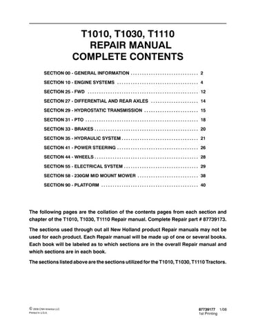 Unlock the full potential of your New Holland T1010, T1030, and T1110 tractors with the comprehensive Repair Manual (Part No. 87739173) in PDF format. This essential guide provides detailed instructions, diagrams, and troubleshooting tips to help you efficiently maintain and repair your equipment. Whether you're a seasoned mechanic or a DIY enthusiast, this manual ensures you have the knowledge and resources to keep your tractor running smoothly, saving you time and money on repairs. Don't miss out on the o