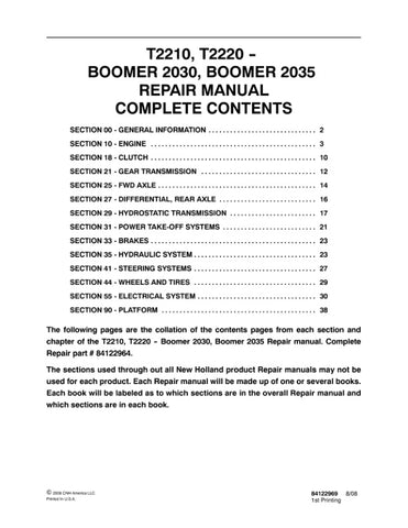 Unlock the full potential of your New Holland T2210, T2220, Boomer 2030, and 2035 tractors with the comprehensive Repair Manual (84122964) in PDF format. This essential guide provides detailed instructions, diagrams, and troubleshooting tips to help you maintain and repair your equipment efficiently. With easy navigation and clear visuals, you'll save time and money while ensuring your tractors operate at peak performance. Don't miss out on this invaluable resource for every tractor owner download your copy