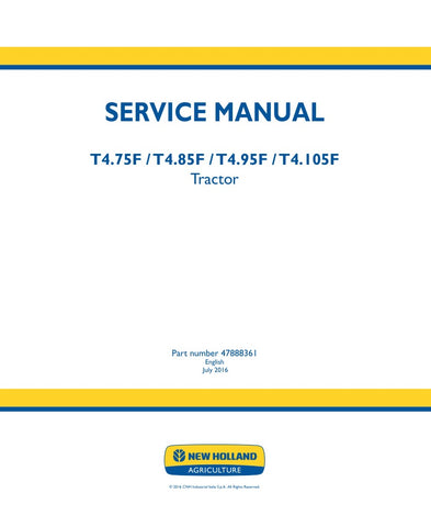 Unlock the full potential of your New Holland T4.75F, T4.85F, T4.95F, and T4.105F tractors with the comprehensive Service Manual (Part No. 47888361) available in PDF format. This essential guide provides detailed maintenance procedures, troubleshooting tips, and technical specifications to ensure your tractor operates at peak performance. With easy navigation and clear illustrations, this manual is an invaluable resource for both seasoned professionals and DIY enthusiasts, helping you save time and money on