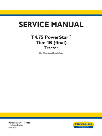Unlock the full potential of your New Holland T4.75 PowerStar Tier 4B tractor with the comprehensive service manual (47711469) in PDF format. This essential guide provides detailed maintenance procedures, troubleshooting tips, and technical specifications to ensure your tractor operates at peak performance. With easy navigation and clear illustrations, you'll have the knowledge to tackle repairs and upkeep with confidence, saving you time and money. Invest in your equipment's longevity and efficiency today!