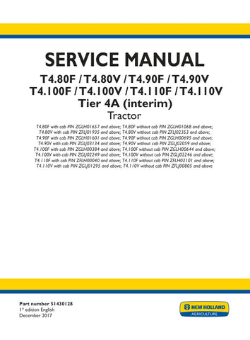 Unlock the full potential of your New Holland T4 series tractors with the comprehensive Tier 4A (Interim) Service Manual (51430128) available in PDF format. This essential guide covers models T4.80F, T4.80V, T4.90F, T4.90V, T4.100F, T4.100V, T4.110F, and T4.110V, providing detailed instructions for maintenance, troubleshooting, and repairs. With easy navigation and clear diagrams, this manual ensures you can keep your equipment running smoothly and efficiently, maximizing productivity on your farm or job 