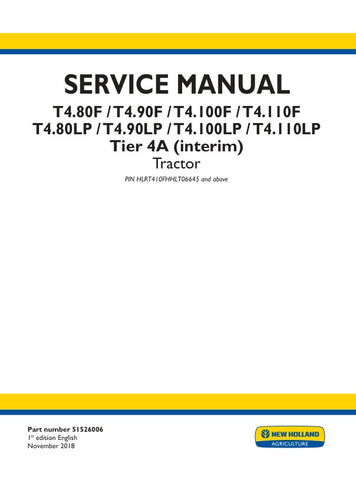 Unlock the full potential of your New Holland T4 series tractors with the comprehensive Tier 4A (Interim) Service Manual (51526006) available in PDF format. This essential guide covers models T4.80F, T4.90F, T4.100F, T4.110F, T4.80LP, T4.90LP, T4.100LP, and T4.110LP, providing detailed maintenance procedures, troubleshooting tips, and specifications to ensure optimal performance and longevity of your equipment. With easy navigation and clear illustrations, this manual is a must-have resource for both season