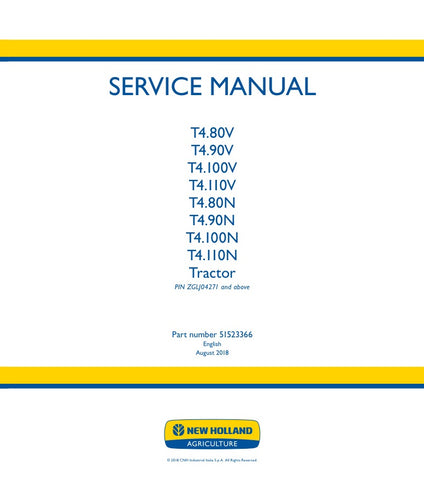 Unlock the full potential of your New Holland T4 series tractors with the comprehensive Service Manual (51523366) available in PDF format. This essential guide covers models T4.80V, T4.90V, T4.100V, T4.110V, T4.80N, T4.90N, T4.100N, and T4.110N, providing detailed instructions for maintenance, troubleshooting, and repairs. With easy navigation and clear diagrams, this manual ensures you can keep your equipment running smoothly and efficiently, saving you time and money on costly repairs. Don't miss out on t