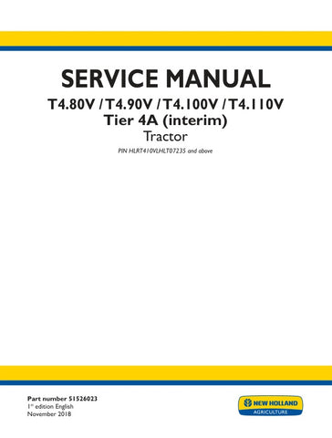 Unlock the full potential of your New Holland T4 series tractors with the comprehensive Tier 4A (Interim) Service Manual (Part No. 51526023). This PDF file is an essential resource for maintenance and repair, providing detailed instructions, diagrams, and troubleshooting tips specifically for models T4.80V, T4.90V, T4.100V, and T4.110V. Ensure optimal performance and longevity of your equipment by having this invaluable guide at your fingertips, making it easier than ever to keep your tractor running smooth