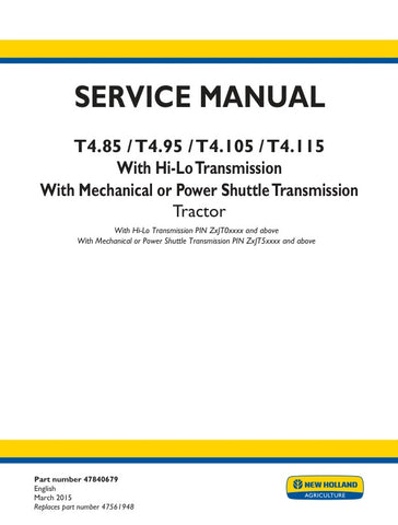 Unlock the full potential of your New Holland T4 series tractor with the comprehensive Service Manual (47840679) available in PDF format. This essential guide covers models T4.85, T4.95, T4.105, and T4.115, providing detailed instructions for maintenance, troubleshooting, and repairs. With clear diagrams and step-by-step procedures, you can ensure your tractor operates at peak performance, prolonging its lifespan and enhancing productivity. Invest in this invaluable resource today and keep your equipment ru