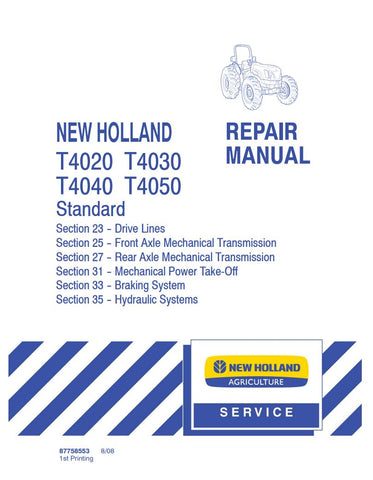 Unlock the full potential of your New Holland T4020, T4030, T4040, and T4050 compact tractors with the comprehensive Repair Manual (Part No. 87758553) in PDF format. This essential guide provides detailed instructions, diagrams, and troubleshooting tips to help you maintain and repair your tractor efficiently. Whether you're a seasoned mechanic or a DIY enthusiast, this manual ensures you have the knowledge and resources to keep your equipment running smoothly, saving you time and money on repairs. Don't le