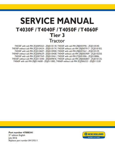 Unlock the full potential of your New Holland T4030F, T4040F, T4050F, and T4060F tractors with the comprehensive Tier 3 Service Manual (Part Number: 47888341). This PDF file is an essential resource for both seasoned mechanics and DIY enthusiasts, providing detailed instructions, diagrams, and troubleshooting tips to ensure your equipment runs smoothly and efficiently. With easy navigation and clear information at your fingertips, you can confidently tackle maintenance and repairs, saving time and money whi