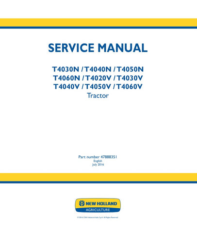 Unlock the full potential of your New Holland tractor with the comprehensive Service Manual (47888351) for models T4030N, T4040N, T4050N, T4060N, T4020V, T4030V, T4040V, T4050V, and T4060V. This PDF file is an essential resource for both seasoned mechanics and DIY enthusiasts, providing detailed instructions, troubleshooting tips, and maintenance guidelines to keep your equipment running smoothly. With easy navigation and clear diagrams, you can quickly find the information you need to ensure optimal perfor