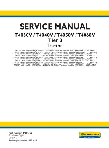 Unlock the full potential of your New Holland T4030V, T4040V, T4050V, and T4060V tractors with the comprehensive Tier 3 Service Manual (Part No. 47888353) in PDF format. This essential guide provides detailed maintenance procedures, troubleshooting tips, and specifications to ensure your equipment operates at peak performance. With easy navigation and clear illustrations, this manual is designed for both seasoned professionals and DIY enthusiasts, making it an invaluable resource for keeping your tractor in