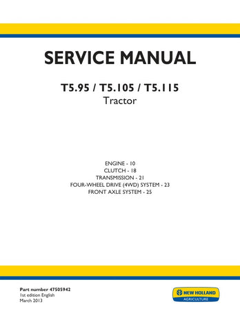 Unlock the full potential of your New Holland T5.95, T5.105, and T5.115 tractors with the comprehensive Service Manual (Part Number: 47505942) in PDF format. This essential guide provides detailed maintenance procedures, troubleshooting tips, and technical specifications to ensure your tractor operates at peak performance. With easy navigation and clear illustrations, you'll have the knowledge to tackle repairs and upkeep with confidence, saving you time and money. Invest in this invaluable resource today a