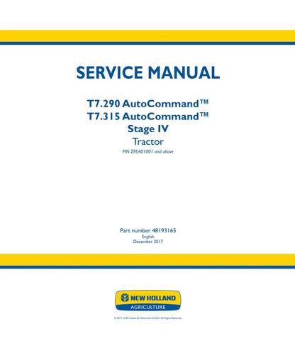 Unlock the full potential of your New Holland T7.290 and T7.315 Autocommand (Stage IV) tractor with the comprehensive service manual (PDF file) 48193165. This essential guide provides detailed insights into maintenance, troubleshooting, and repair procedures, ensuring your tractor operates at peak performance. With easy navigation and clear illustrations, you can quickly find the information you need to keep your equipment running smoothly and efficiently. Invest in this invaluable resource today and enhanc