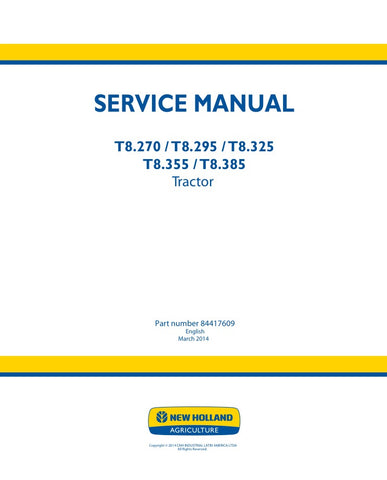 Unlock the full potential of your New Holland T8 series tractor with the comprehensive Service Manual (Part No. 84417609) available in a convenient PDF format. This essential guide covers models T8.270, T8.295, T8.325, T8.355, and T8.385, providing detailed instructions for maintenance, troubleshooting, and repairs. With clear diagrams and step-by-step procedures, you can ensure your tractor operates at peak performance, prolonging its lifespan and enhancing productivity on the field. Invest in this invalua
