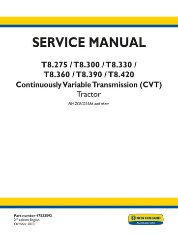 Unlock the full potential of your New Holland T8 series tractors with the comprehensive 2-in-1 Service Manual (47533593) in PDF format. This essential guide covers models T8.275, T8.300, T8.330, T8.360, T8.390, and T8.420, providing detailed insights into maintenance, troubleshooting, and repair procedures. With easy navigation and clear illustrations, this manual ensures you have the knowledge to keep your equipment running smoothly and efficiently, ultimately saving you time and money on repairs. Invest 
