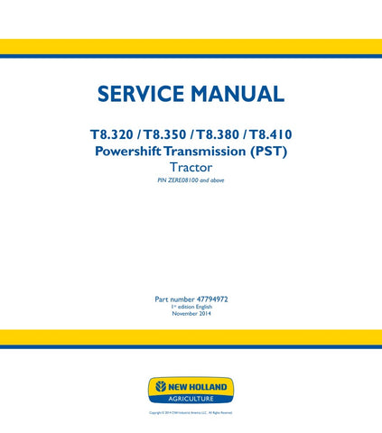 Unlock the full potential of your New Holland T8 series tractors with the comprehensive Service Manual (47794972) available in PDF format. This essential guide covers models T8.320, T8.350, T8.380, and T8.410, providing detailed instructions for maintenance, troubleshooting, and repairs. With easy navigation and clear diagrams, this manual ensures you can keep your equipment running smoothly and efficiently, saving you time and money on costly repairs. Invest in your machinery's longevity and performance to