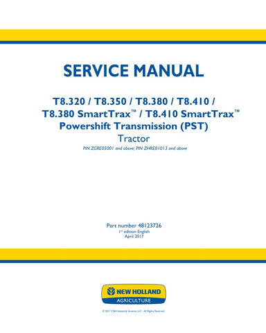 Enhance your maintenance capabilities with the NEW HOLLAND T8.320, T8.350, T8.380, T8.410 SMARTTRAX (PST) Service Manual (PDF File) 48123726. This comprehensive digital guide provides detailed insights into the operation and servicing of your T8 series tractors, ensuring you have the knowledge to keep your equipment running smoothly. With easy navigation and clear illustrations, this manual is an essential resource for both seasoned professionals and DIY enthusiasts, empowering you to tackle repairs and mai