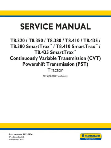 Unlock the full potential of your New Holland T8 series tractors with the comprehensive SmartTrax (CVT) (PST) Service Manual (51537936) in PDF format. This essential guide provides detailed insights into maintenance, troubleshooting, and repair procedures for models T8.320, T8.350, T8.380, T8.410, and T8.435, ensuring your equipment operates at peak performance. With easy navigation and clear illustrations, this manual is a must-have resource for both seasoned professionals and DIY enthusiasts, helping you 