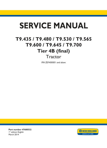 Unlock the full potential of your New Holland T9 series tractors with the comprehensive T9.435, T9.480, T9.530, T9.565, T9.600, T9.645, and T9.700 Tier 4B (Final) Service Manual (Part No. 47680532). This PDF file is an essential resource for maintenance and repair, providing detailed diagrams, troubleshooting tips, and step-by-step instructions to keep your equipment running smoothly. Ensure optimal performance and longevity of your machinery with this invaluable guide, designed for both seasoned profession