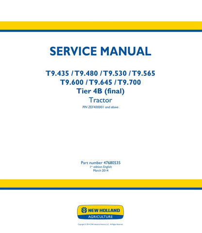 Unlock the full potential of your New Holland T9 series tractors with the comprehensive T9.435, T9.480, T9.530, T9.565, T9.600, T9.645, and T9.700 Tier 4B (Final) Service Manual (Part No. 47680535). This PDF file is an essential resource for maintenance and repair, providing detailed diagrams, troubleshooting tips, and step-by-step instructions to keep your equipment running smoothly. Ensure optimal performance and longevity of your machinery with this invaluable guide, designed for both seasoned profession
